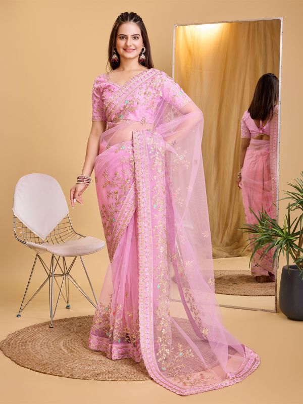 Pink Sequins Embellished Festive Saree In Net