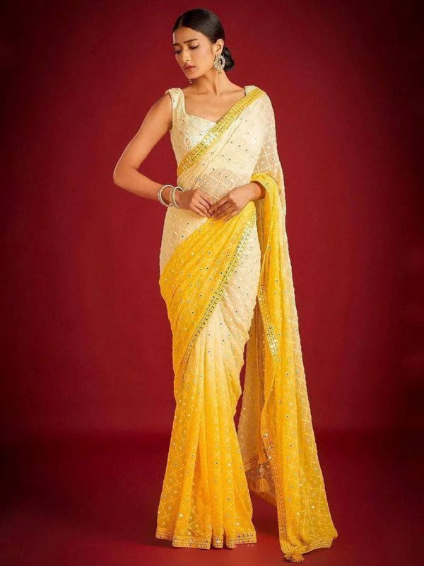 Yellow And Cream Shaded Two Tone Saree In Mirror Work
