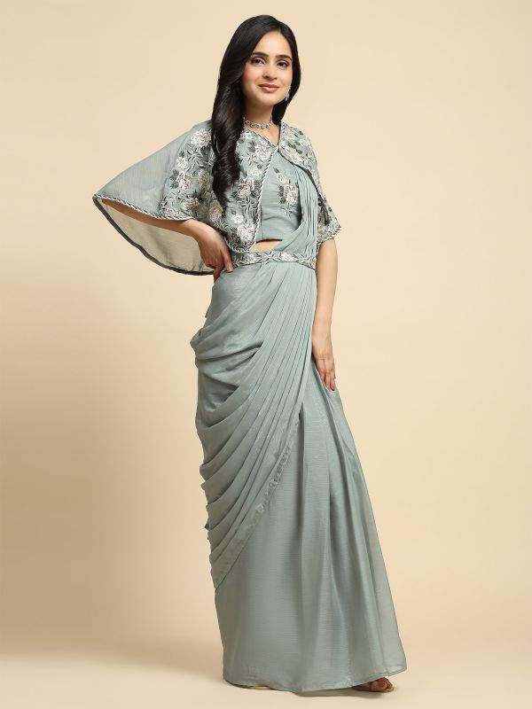Sage Green Prestitched Saree In Chiffon With Cape And Belt