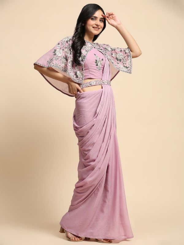Dusty Pink Cape Style Readymade Saree In Chiffon Silk