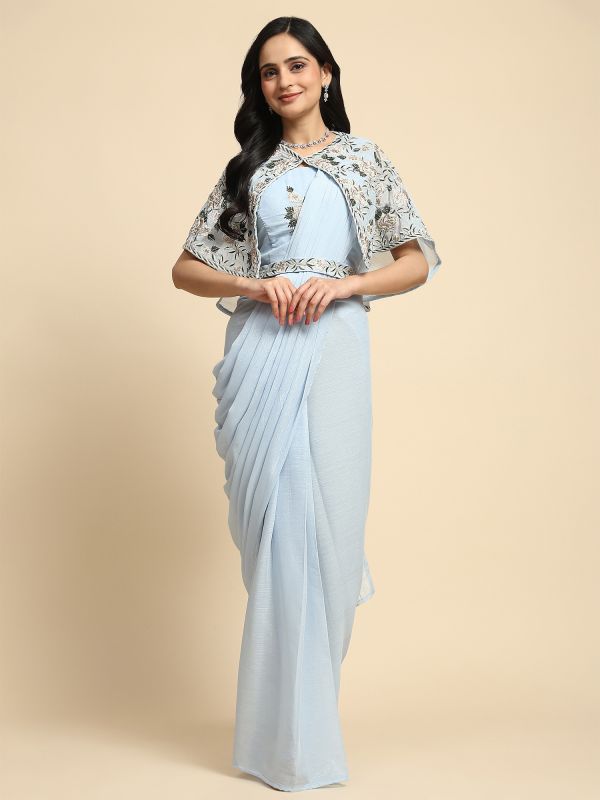 Light Blue Readymade Saree In Chiffon Silk With Embroidered Cape