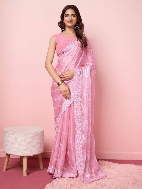 Baby Pink Shimimer Silk Saree In Sequins Embellishments
