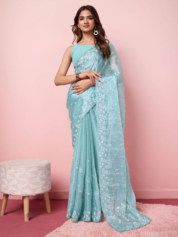 Light Turquoise Party Wear Saree In Sequins Embroidery
