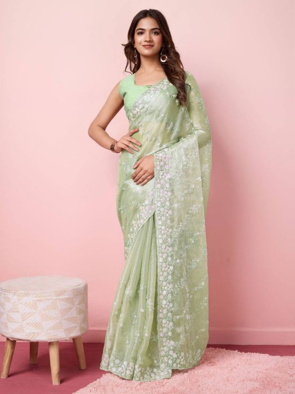 Olive Green Shimmer Silk Party Wear Saree In Sequins Embroidery