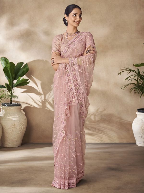 Dusty Pink Floral Thread Work Saree In Net