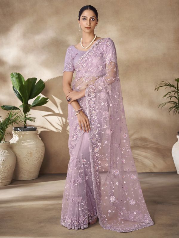 Lilac Net Wedding Saree In Sequins Work