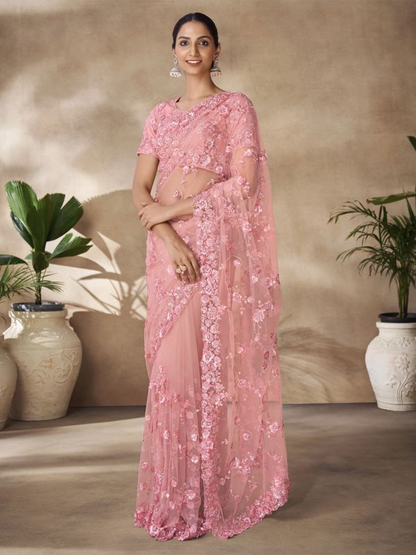 Rose Pink Thread Augmented Festive Saree