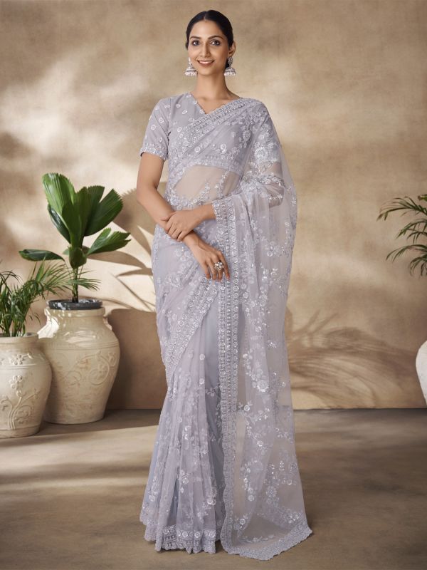 Grey Party Wear Saree In Sequins Work