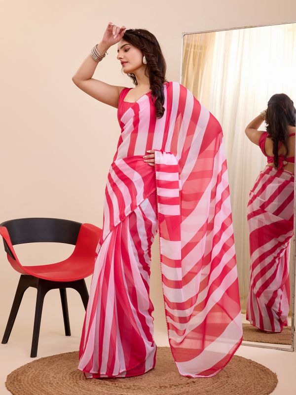 Pink And White Linear Printed Party Wear Saree In Georgette