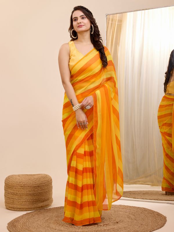 Shaded Yellow Linear Printed Casual Saree In Georgette