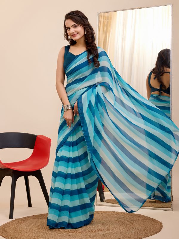 Blue Linear Printed Casual Saree In Georgette