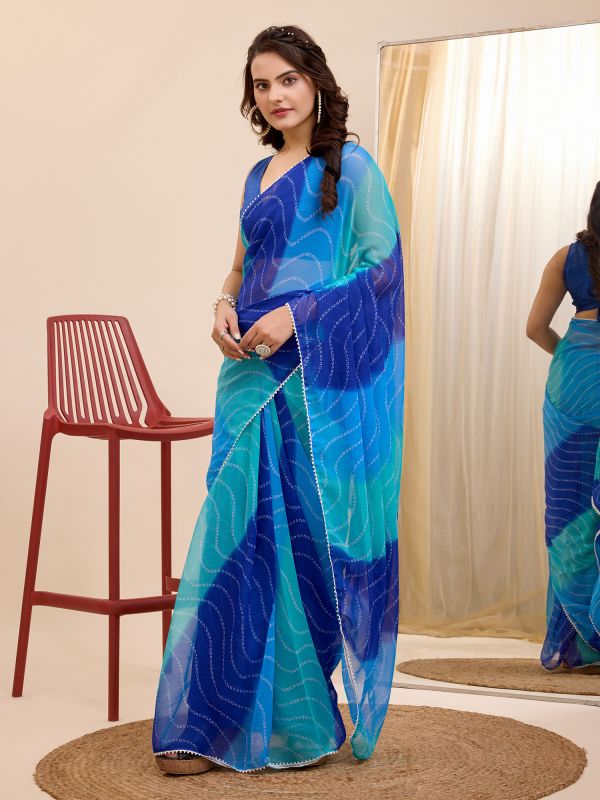 Shaded Blue Georgette Casual Saree In Digital Print