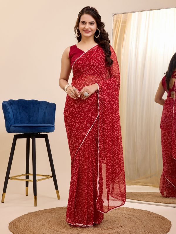 Ruby Red Casual Wear Saree In Georgette With Bandhani Prints