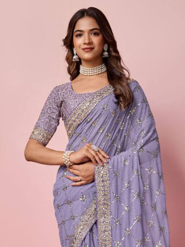 Lilac Purple Sequins Embroidered Saree In Georgette