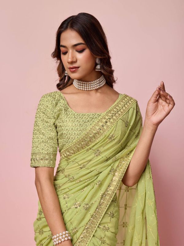 Olive Green Stone Work Enhacned Saree In Georgette