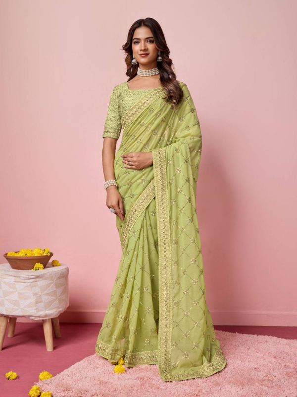 Olive Green Stone Work Enhacned Saree In Georgette