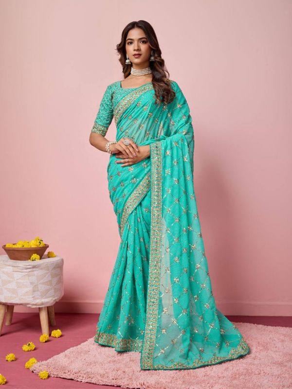 Turquoise Party Wear Georgette Saree In Sequins Embroidery