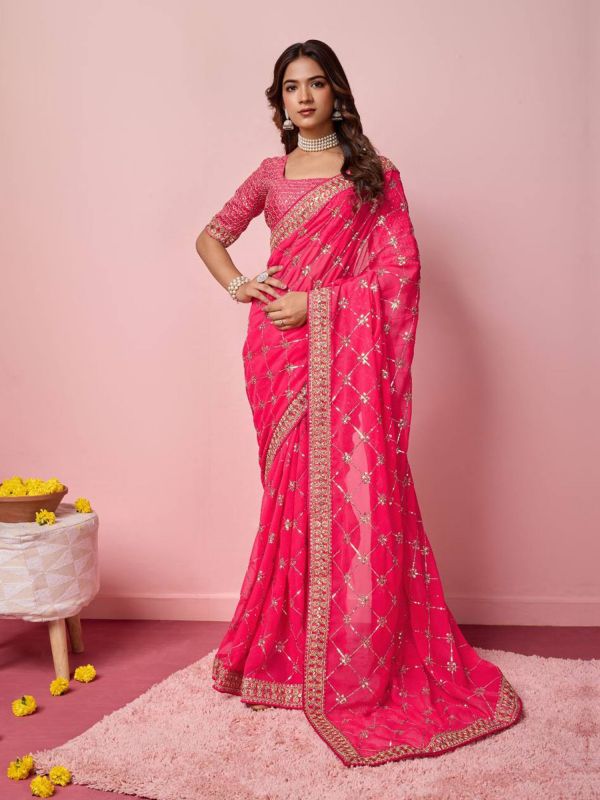 Rani Pink Wedding Wear Saree In Georgette With Stone Work