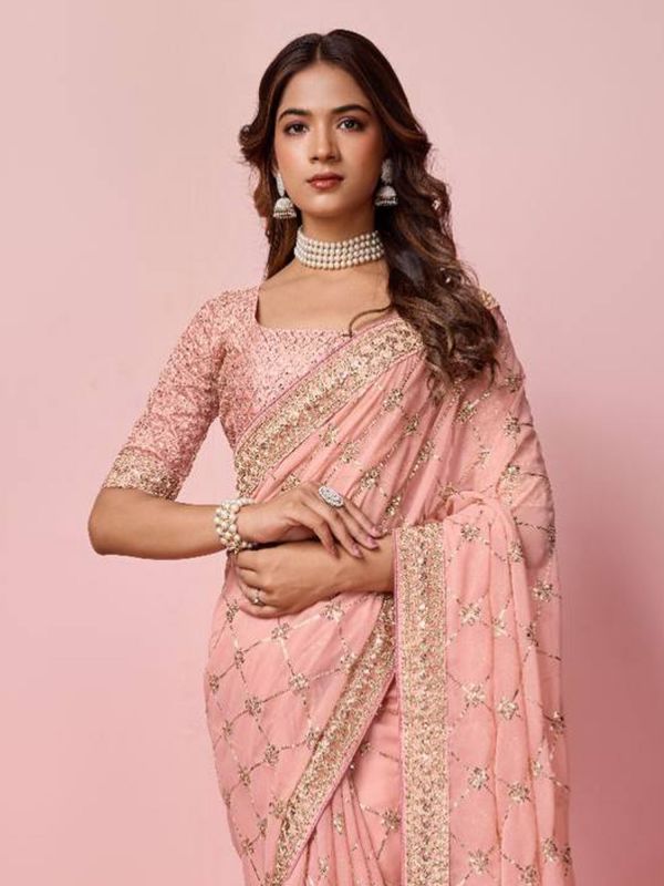 Light Peach Georgette Saree In Sequins Embroidery