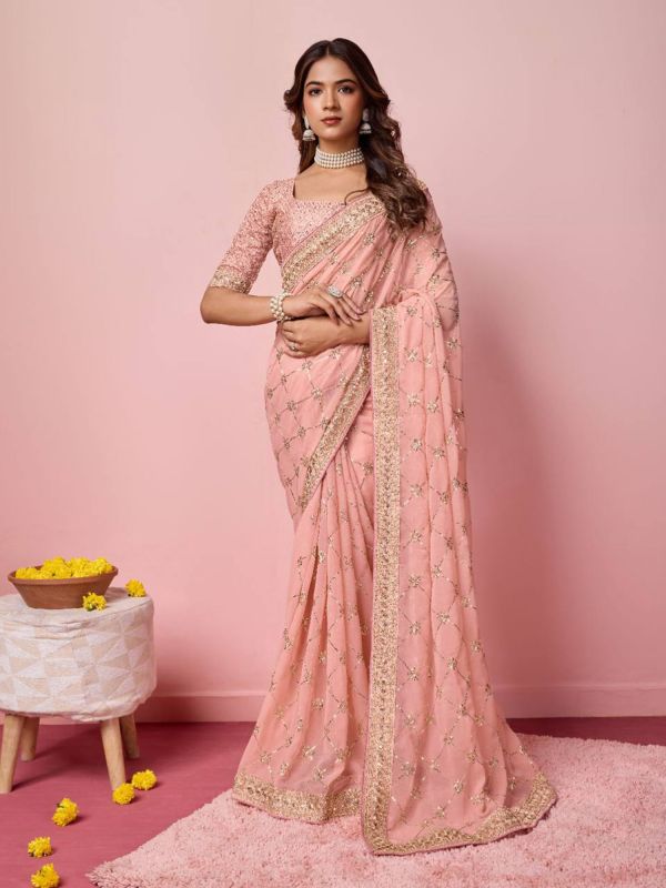 Light Peach Georgette Saree In Sequins Embroidery