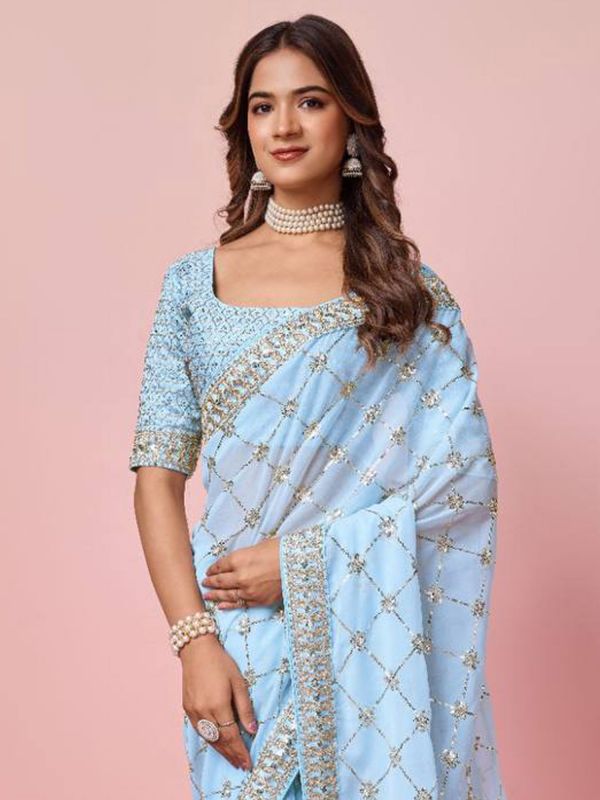 Light Blue Party Wear Saree In Georgette With Blouse