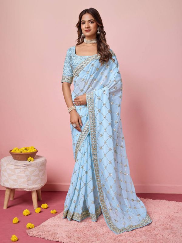Light Blue Party Wear Saree In Georgette With Blouse