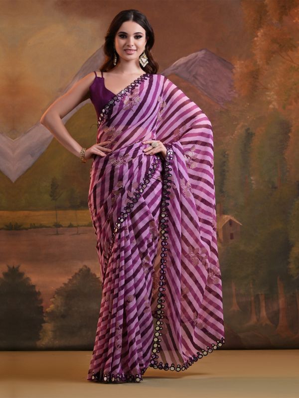 Purple Lehariya Printed Festive Saree In Georgette