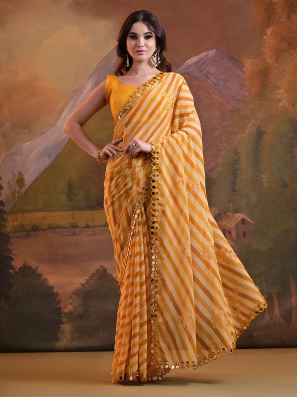 Yellow Mirror Work Enhanced Saree In Georgette