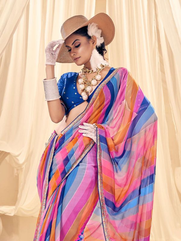 Multicolor Party Wear Georgette Saree In Lehariya Print
