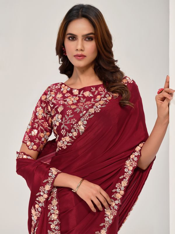 Maroon Floral Embroidered Satin Silk Saree