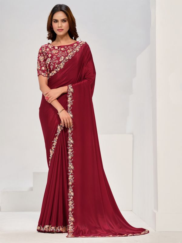 Maroon Floral Embroidered Satin Silk Saree