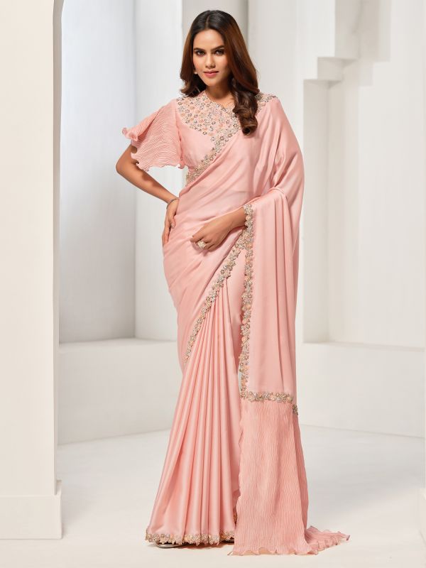 Baby Pink Satin Silk Saree With Crushed Pallu