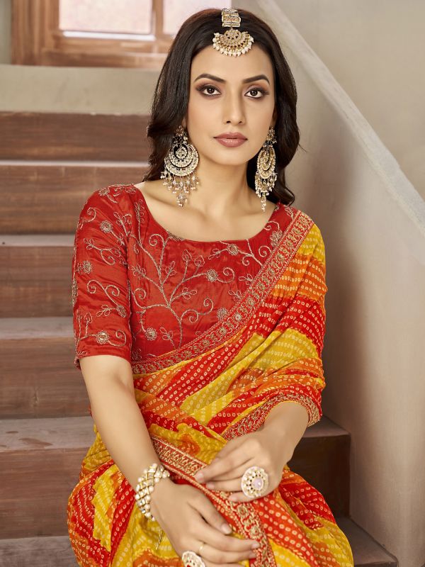 Yellow And Red Bandhej Printed Saree In Georgette 