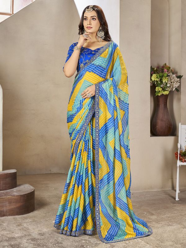 Blue And Yellow Georgette Saree In Bandhej Print