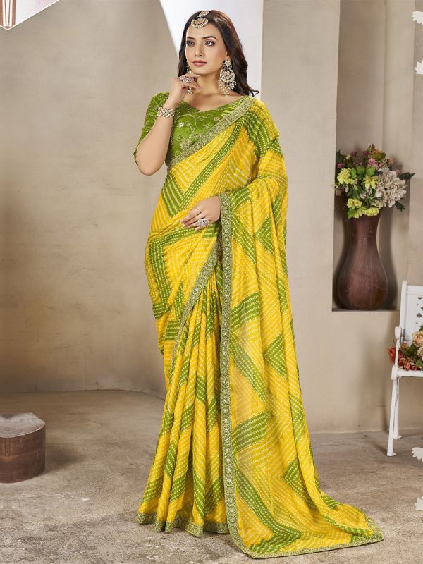 Yellow And Green Georgette Saree In Bandhani Print