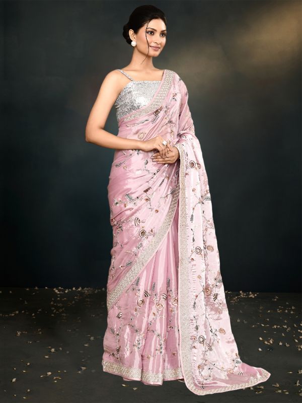 Baby Pink Hand Work Embroidered Satin Silk Saree