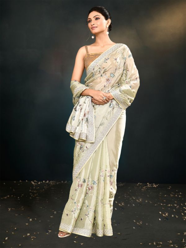 Ivory Cream Satin Silk Saree In Floral Embroidery