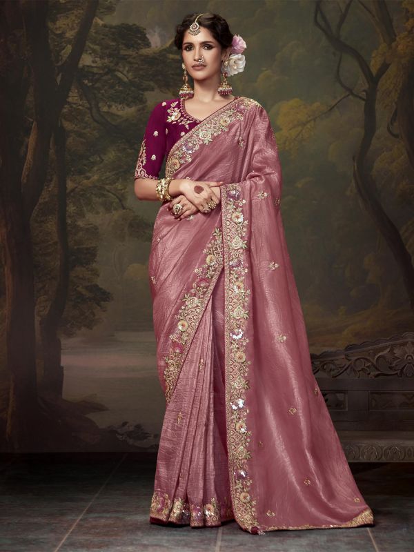 Onion Pink Tissue Silk Saree With Floral Border