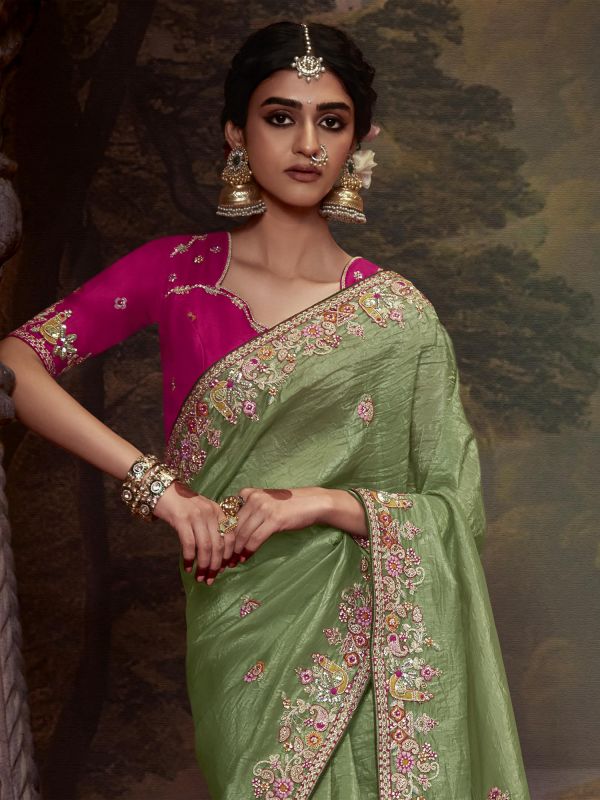 Pista Green Stone Embroidered Saree In Tissue Organza Silk