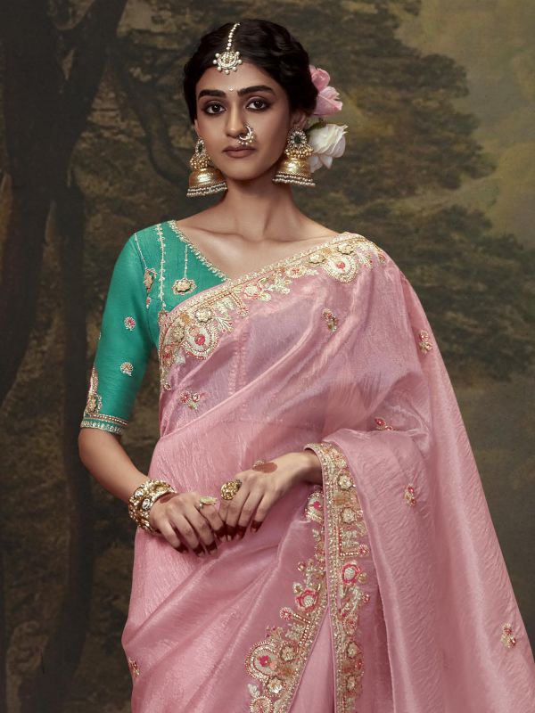 Baby Pink Festive Silk Saree In Zari Floral Embroidery