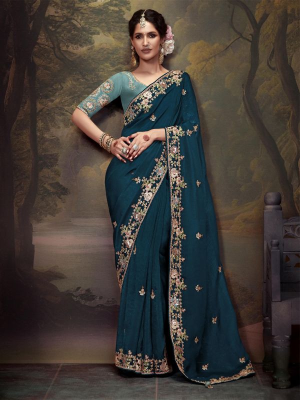 Navy Blue Floral Thread Work Saree In Silk