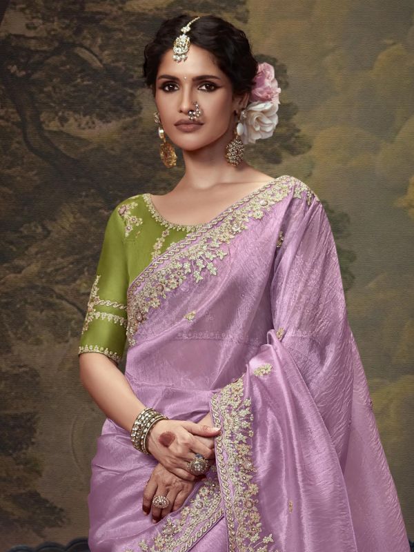 Lilac Zari Embroidered Saree In Tissue Silk