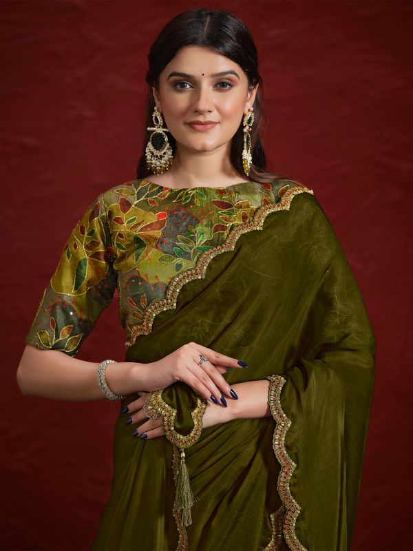 Dark Green Zari Work Border Saree In Crepe