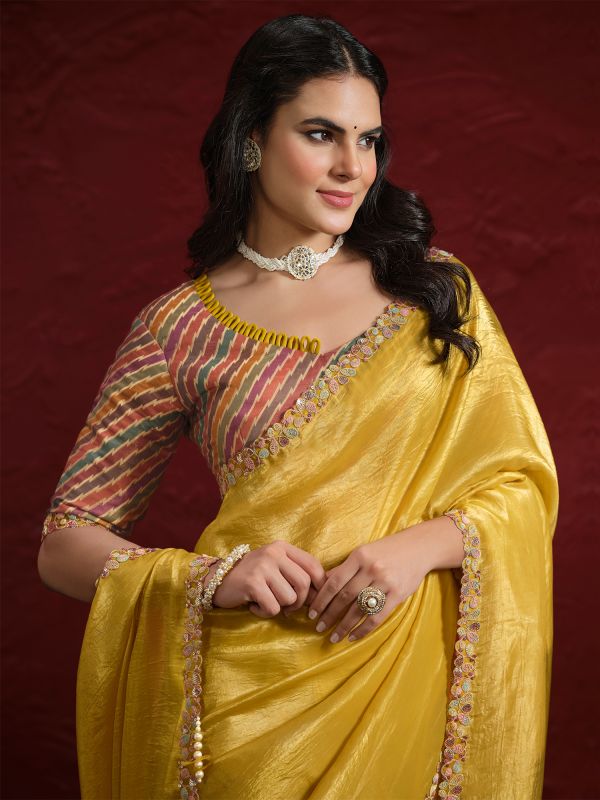 Yellow Festive Wear Silk Saree In Sequins