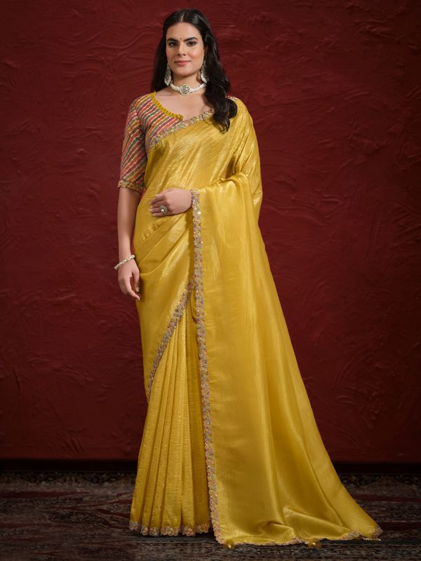 Yellow Festive Wear Silk Saree In Sequins