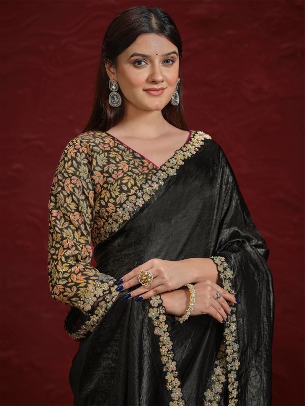 Black Pearl Enhanced Saree In Silk