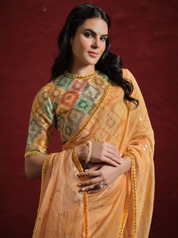 Orange Yellow Organza Saree In Sequins Work