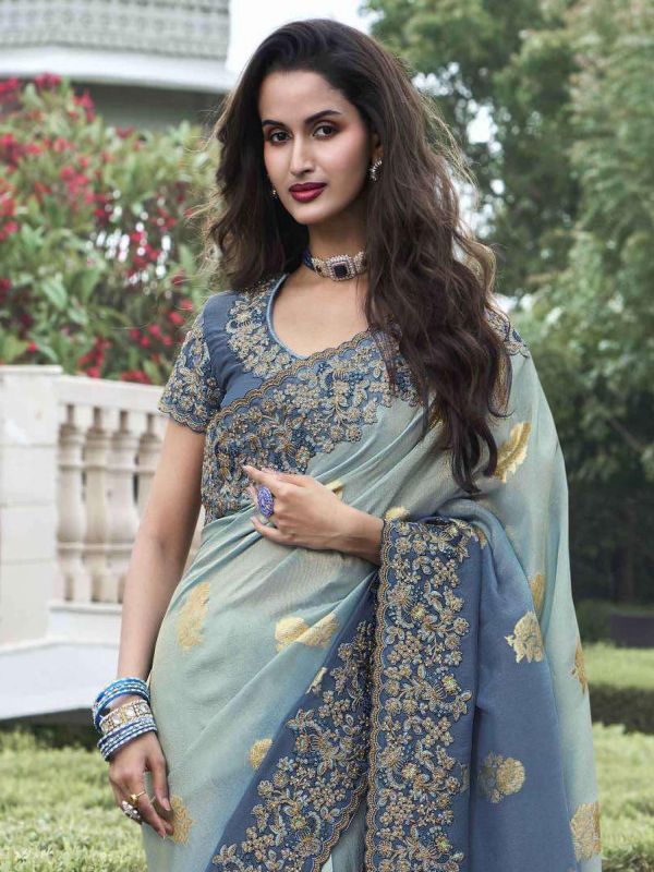 Blue Floral Weaving Saree In Ombre Shade