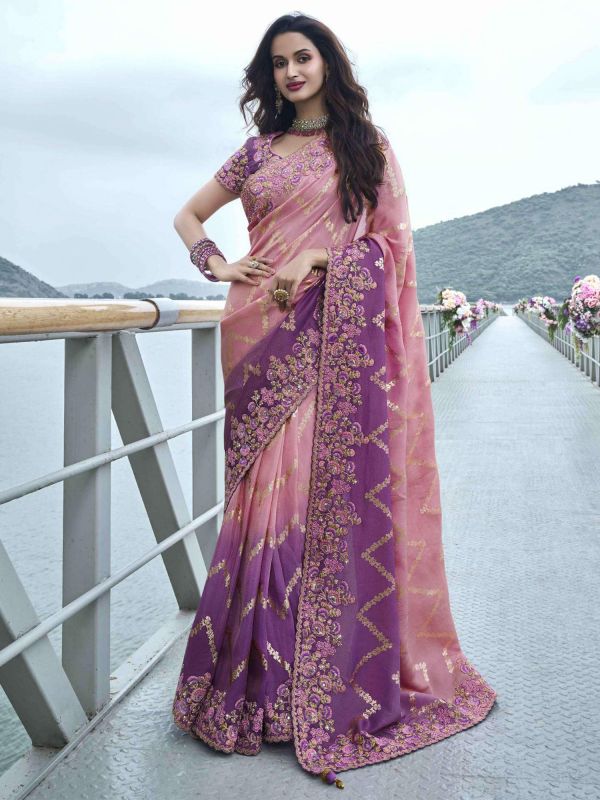 Pink And Lilac Ombre Shaded Silk Saree