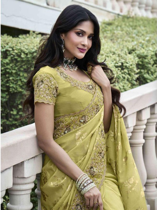 Lime Green Heavy Zari Embroidered Silk Saree